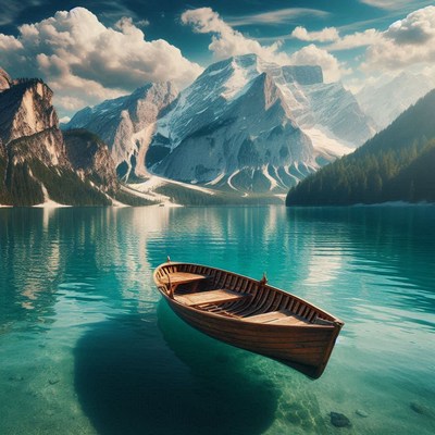 A wooden boat rests on the crystal-clear lake