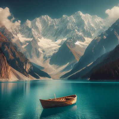 A small boat floats on a calm lake by snowy mountains