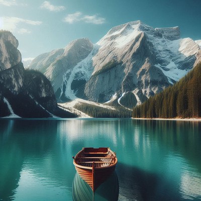 A wooden boat floats on a serene lake, mountains nearby