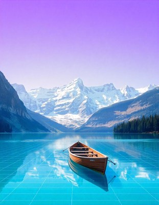 A boat floats on a calm lake by snowy mountains