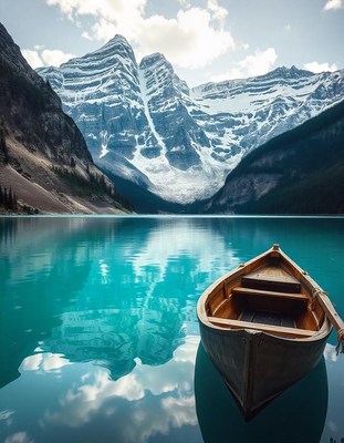 Rowboat on turquoise lake by snowy mountains