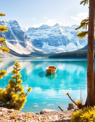 A wooden rowboat sits alone in a calm, turquoise lake