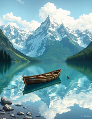 A boat rests on a serene lake by snowy mountains