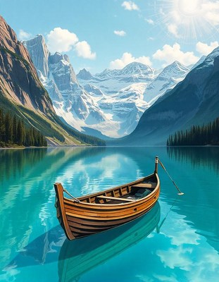 A boat on a calm turquoise lake with mountains