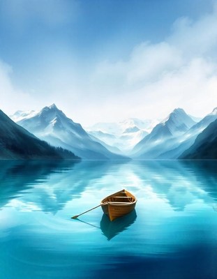 A boat floats on a calm lake by tall mountains