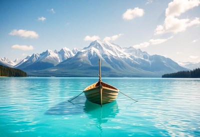 Wooden boat on a turquoise lake by snowy mountains