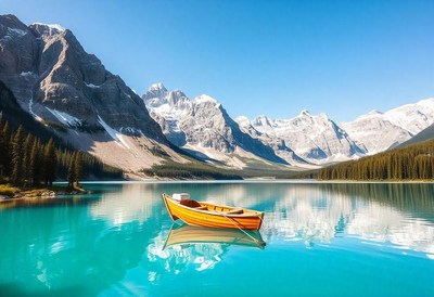 A boat rests on a serene lake by snowy mountains