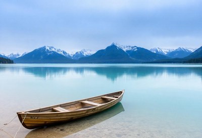 A rowboat rests by a serene lake, mountains nearby