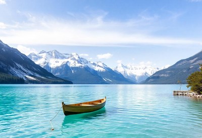 Wooden boat on turquoise water by snowy mountains