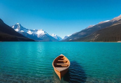 A wooden rowboat sits on a tranquil turquoise lake