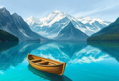 A small wooden boat floats on a pristine blue lake