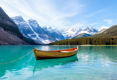 A wooden rowboat is anchored in a calm blue lake