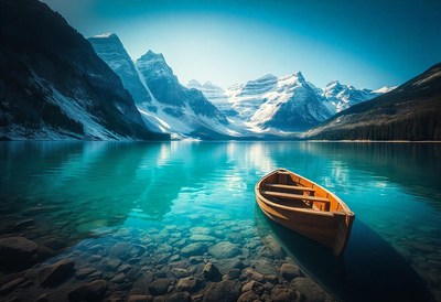 A boat on a clear lake by snowy mountains