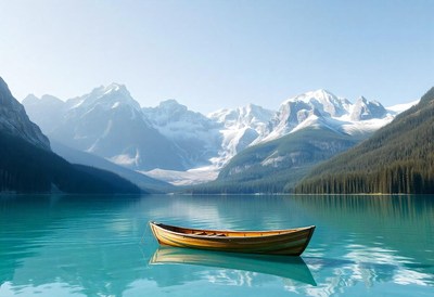 A small, wooden boat rests on a still turquoise lake