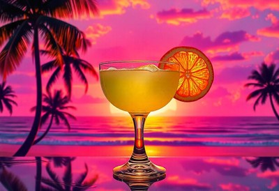 A tropical drink on the beach at sunset