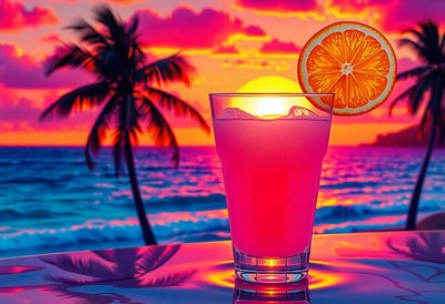 Pink drink with orange slice on beach sunset table