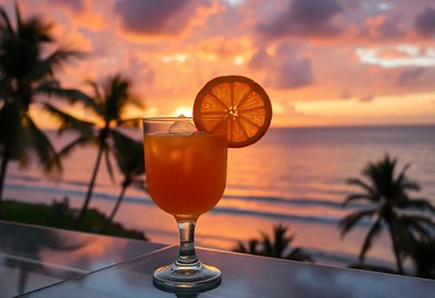 A tropical drink with a sunset view