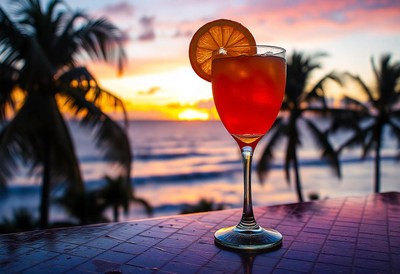 A glass of orange juice sits on a table at sunset