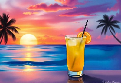A glass of orange juice with ice at sunset on the beach