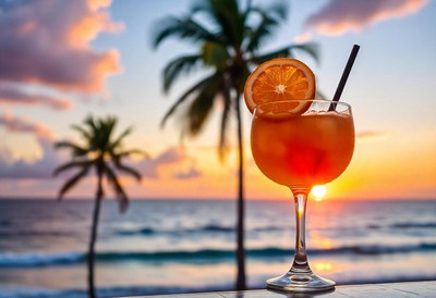 A refreshing drink with an orange garnish at sunset