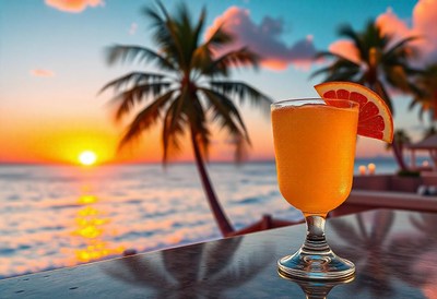 A tropical sunset with an orange drink