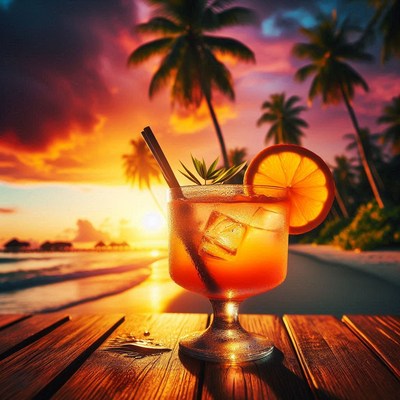 A tropical drink on a wooden table at sunset