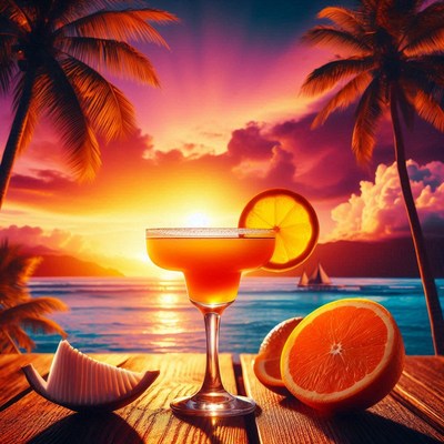 A sunset cocktail on a tropical beach