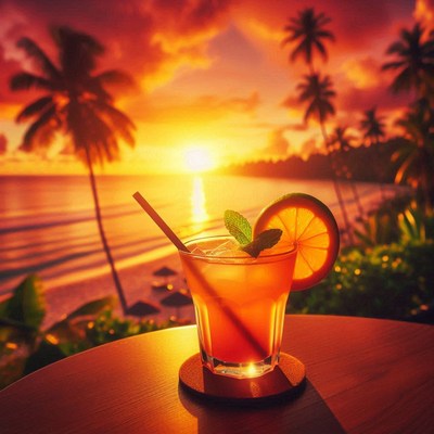 A tropical cocktail at sunset on a beach