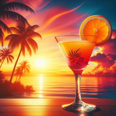 A cocktail sits on a table with a sunset over the ocean