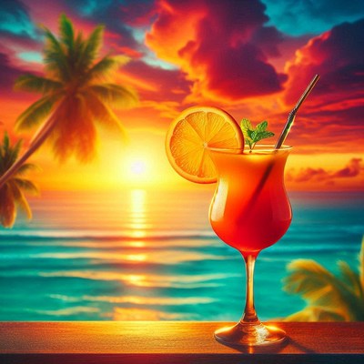 A tropical cocktail at sunset on a beach