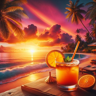 A tropical cocktail at sunset on a beach