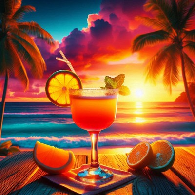A tropical drink on a beach at sunset