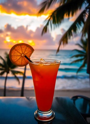 A refreshing cocktail at sunset on the beach