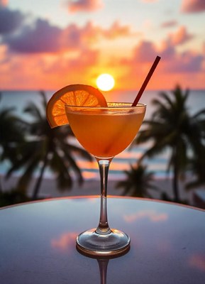 A tropical drink with an orange slice enjoys the sunset