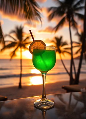 Green cocktail with lemon on a beachside table