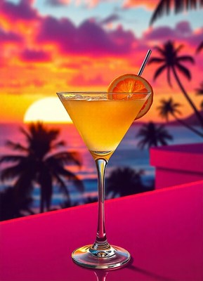 Cocktail on pink table at tropical sunset