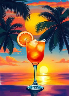 A glass of orange juice on a beach at sunset