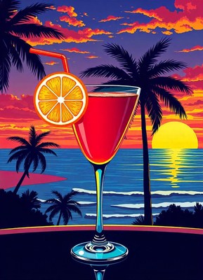 Juice on a table by a tropical sunset