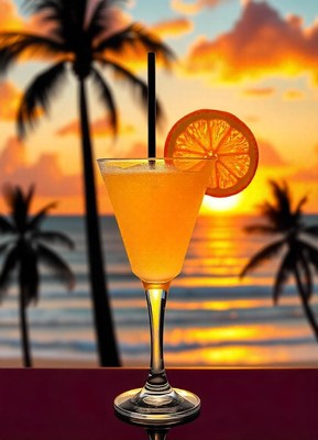 A tropical drink with an orange slice at sunset