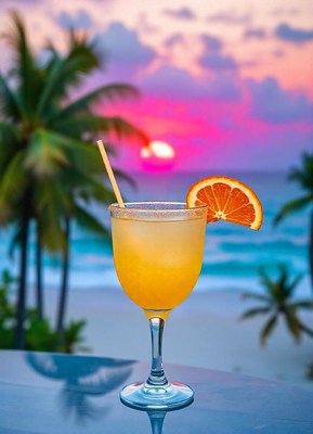 A refreshing drink on a beach at sunset