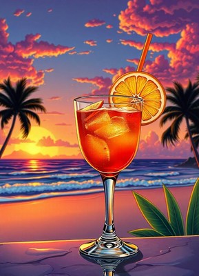 A cocktail sits on the beach at sunset