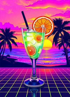 Citrus drink on a checkered table by the beach