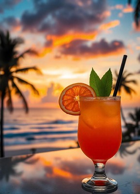 Tropical cocktail with orange slice at sunset