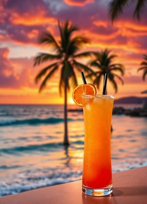 A tropical drink at sunset on the beach