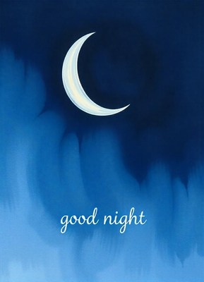 A crescent moon shines in a blue sky