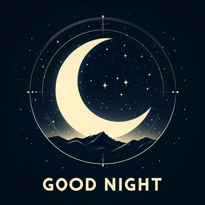 Crescent moon and stars glow over mountains at night