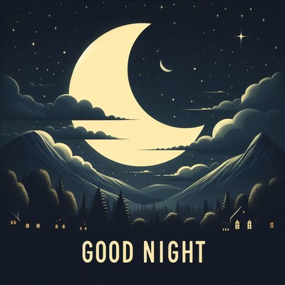 A crescent moon shines over a mountain range at night