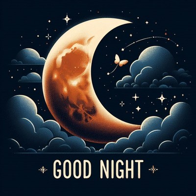 A crescent moon hangs in the night sky with clouds and stars