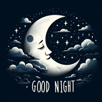 A crescent moon sleeps behind clouds and stars