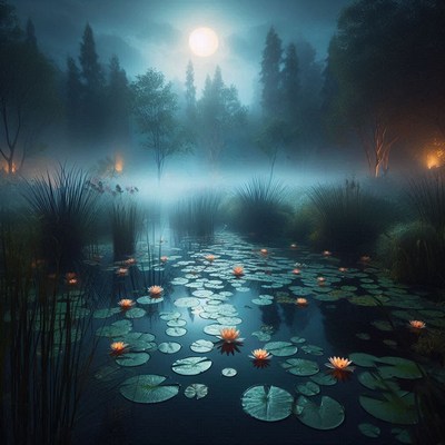 A misty forest pond at night with a full moon